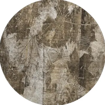 8' Taupe And Ivory Floral Washable Round Rug With UV Protection