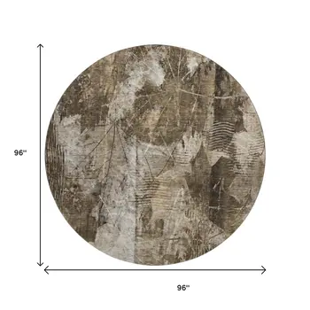 8' Taupe And Ivory Floral Washable Round Rug With UV Protection