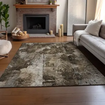 9' X 12' Taupe And Ivory Floral Washable Area Rug With UV Protection