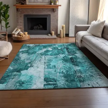 3' X 5' Teal And Ivory Floral Washable Area Rug With UV Protection