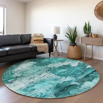 8' Teal And Ivory Floral Washable Round Rug With UV Protection