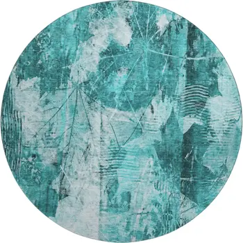 8' Teal And Ivory Floral Washable Round Rug With UV Protection