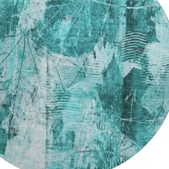 8' Teal And Ivory Floral Washable Round Rug With UV Protection