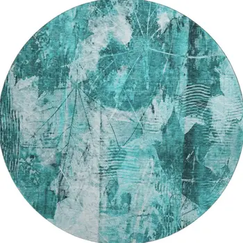 8' Teal And Ivory Floral Washable Round Rug With UV Protection