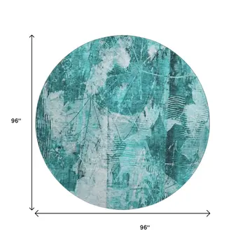 8' Teal And Ivory Floral Washable Round Rug With UV Protection