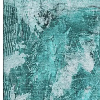 9' X 12' Teal And Ivory Floral Washable Area Rug With UV Protection