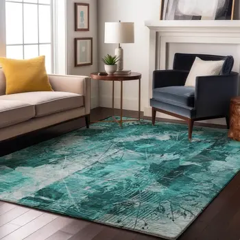 10' X 14' Teal And Ivory Floral Washable Area Rug With UV Protection