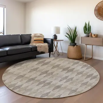 8' Beige And Gray Geometric Washable Round Rug With UV Protection