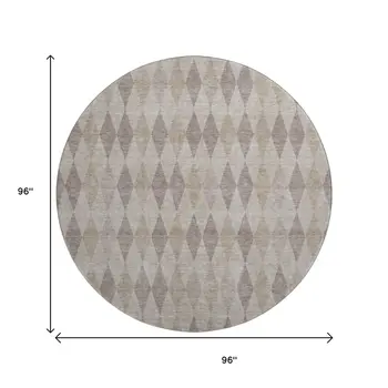 8' Beige And Gray Geometric Washable Round Rug With UV Protection