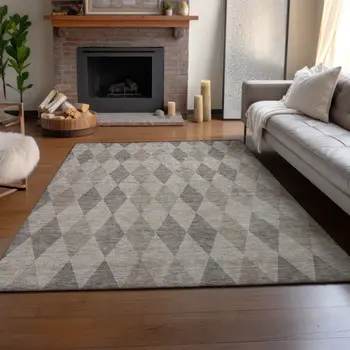 8' X 10' Beige And Gray Geometric Washable Area Rug With UV Protection