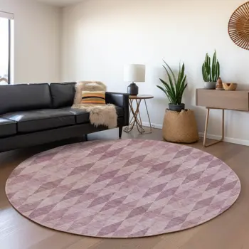 8' Blush And Purple Geometric Washable Round Rug With UV Protection