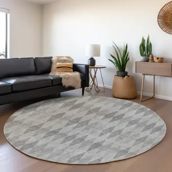 8' Gray And Ivory Geometric Washable Round Rug With UV Protection