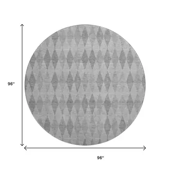 8' Gray And Ivory Geometric Washable Round Rug With UV Protection