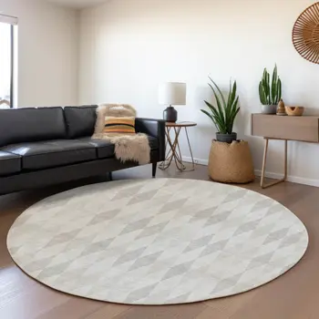 8' Ivory And Gray Geometric Washable Round Rug With UV Protection