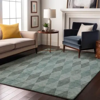 3' X 5' Teal And Gray Geometric Washable Area Rug With UV Protection