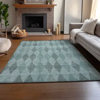 3' X 5' Teal And Gray Geometric Washable Area Rug With UV Protection