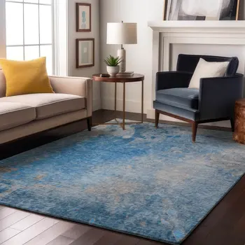 5' X 8' Blue And Gray Abstract Washable Area Rug With UV Protection