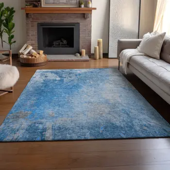 5' X 8' Blue And Gray Abstract Washable Area Rug With UV Protection