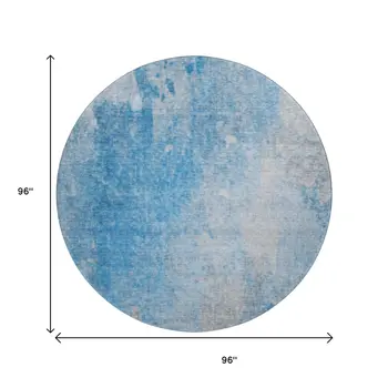 8' Blue And Gray Abstract Washable Round Rug With UV Protection