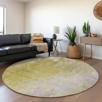 8' Gold And Gray Abstract Washable Round Rug With UV Protection