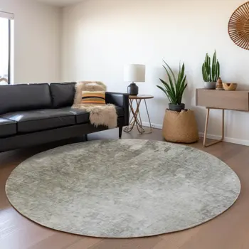 8' Gray And Ivory Abstract Washable Round Rug With UV Protection