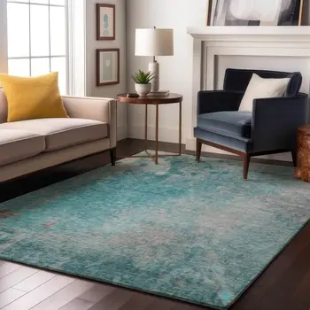 5' X 8' Teal And Gray Abstract Washable Area Rug With UV Protection