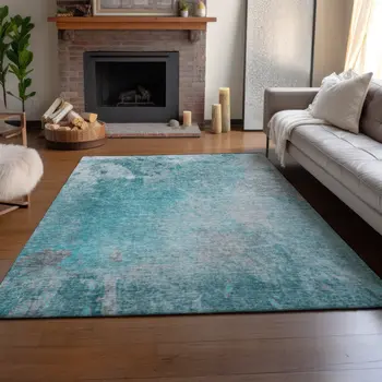 5' X 8' Teal And Gray Abstract Washable Area Rug With UV Protection