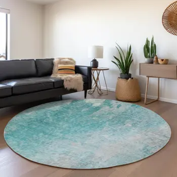 8' Teal And Gray Abstract Washable Round Rug With UV Protection