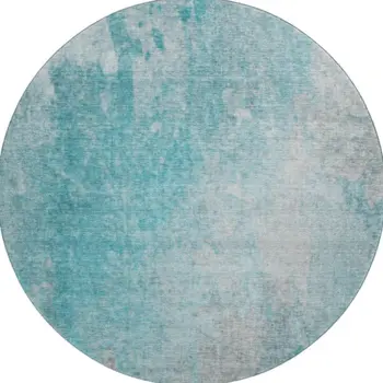 8' Teal And Gray Abstract Washable Round Rug With UV Protection