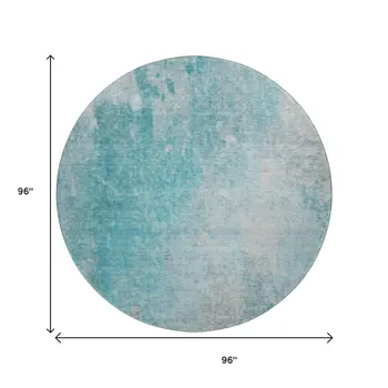 8' Teal And Gray Abstract Washable Round Rug With UV Protection
