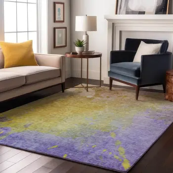 3' X 5' Wheat And Purple Abstract Washable Area Rug With UV Protection