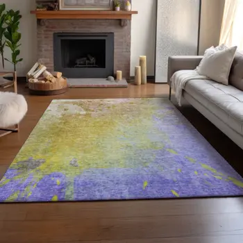3' X 5' Wheat And Purple Abstract Washable Area Rug With UV Protection