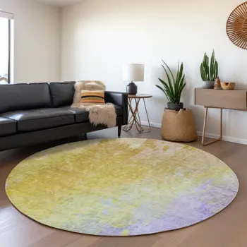 8' Wheat And Purple Abstract Washable Round Rug With UV Protection