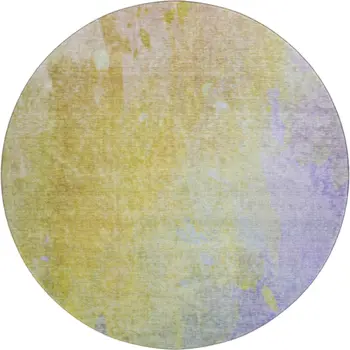 8' Wheat And Purple Abstract Washable Round Rug With UV Protection