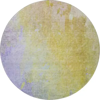 8' Wheat And Purple Abstract Washable Round Rug With UV Protection