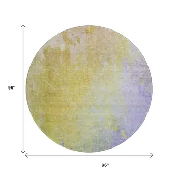 8' Wheat And Purple Abstract Washable Round Rug With UV Protection