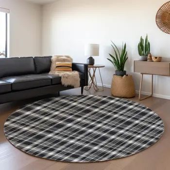 8' Black And Ivory Plaid Washable Round Rug With UV Protection
