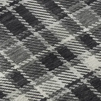 8' Black And Ivory Plaid Washable Round Rug With UV Protection