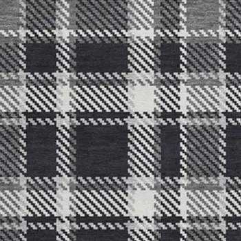 8' Black And Ivory Plaid Washable Round Rug With UV Protection