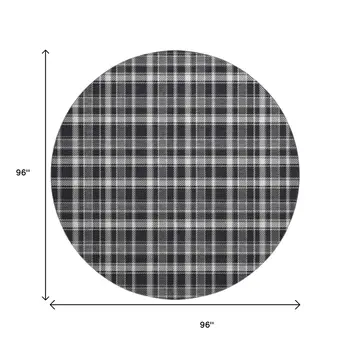 8' Black And Ivory Plaid Washable Round Rug With UV Protection