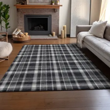 8' X 10' Black And Ivory Plaid Washable Area Rug With UV Protection