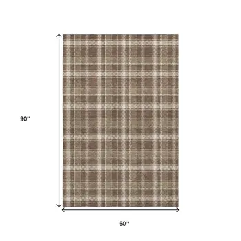 5' X 8' Chocolate And Ivory Plaid Washable Area Rug With UV Protection