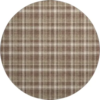 8' Chocolate And Ivory Plaid Washable Round Rug With UV Protection