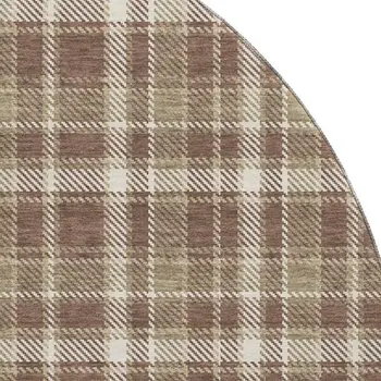 8' Chocolate And Ivory Plaid Washable Round Rug With UV Protection