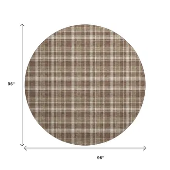 8' Chocolate And Ivory Plaid Washable Round Rug With UV Protection