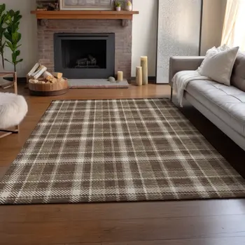 8' X 10' Chocolate And Ivory Plaid Washable Area Rug With UV Protection