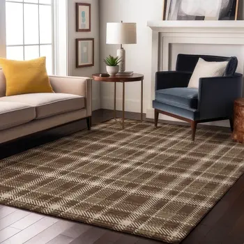 9' X 12' Chocolate And Ivory Plaid Washable Area Rug With UV Protection