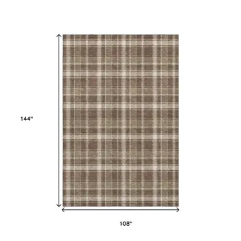 9' X 12' Chocolate And Ivory Plaid Washable Area Rug With UV Protection