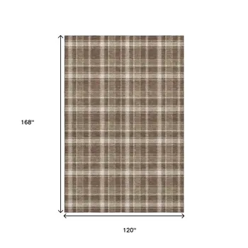 10' X 14' Chocolate And Ivory Plaid Washable Area Rug With UV Protection