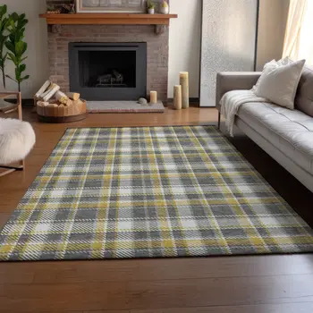 5' X 8' Gray Gold And Ivory Plaid Washable Area Rug With UV Protection